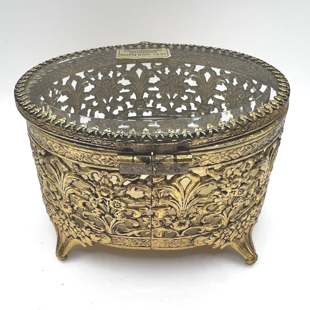 Vintage 24kt Gold Plated Filigree Ormolu Oval Jewelry Casket Box Glass Lid Clean